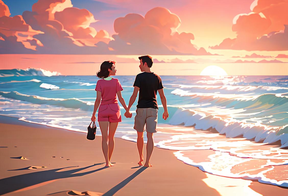 Two people holding hands, walking on a beach at sunset, wearing matching couple t-shirts, tropical beach setting..
