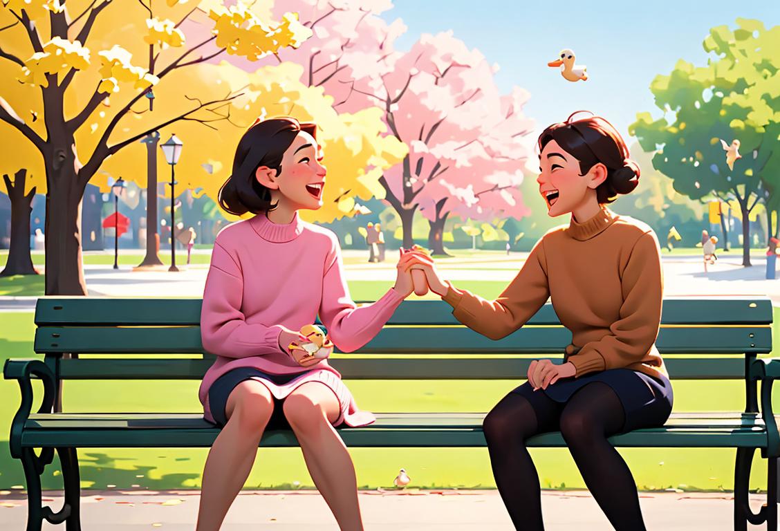 Two people, one wearing a cozy sweater and the other in a summer dress, sitting on a park bench, laughing and holding hands while feeding ducks in a picturesque park setting..