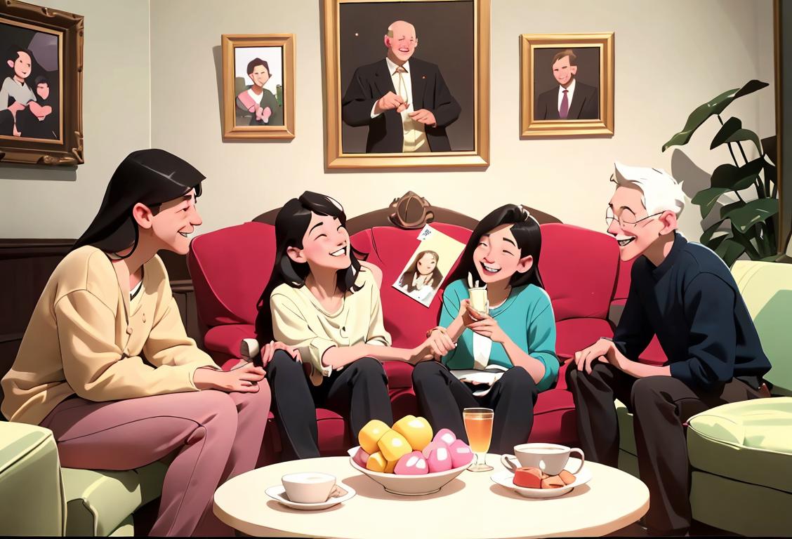 A wholesome and sweet image of a group of friends sitting together, laughing and reminiscing about old memories. They are surrounded by photos and mementos from their past relationships. The friends are dressed in casual and comfortable attire, reflecting a relaxed and nostalgic atmosphere. The setting is a cozy living room with warm lighting and comfortable seating arrangements..