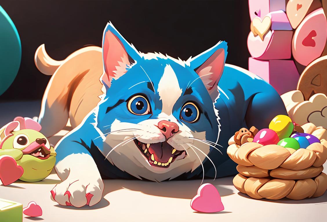 A happy person with their pet, in a cozy setting, surrounded by toys and treats..