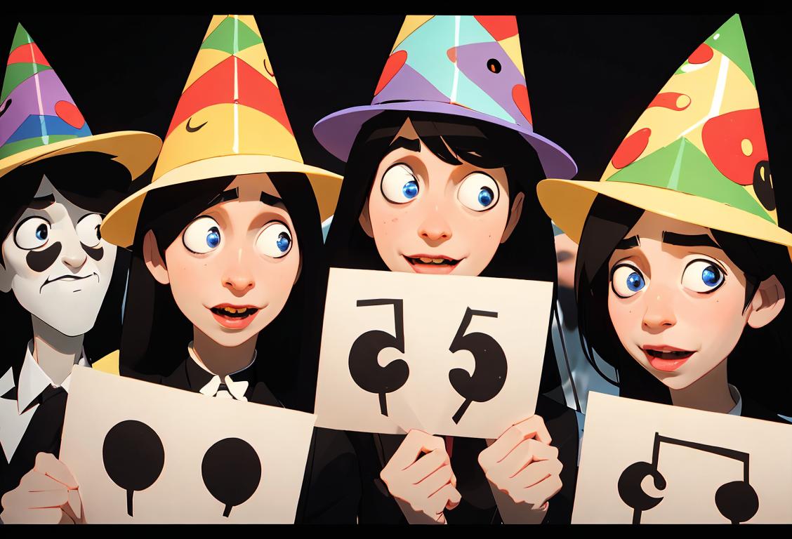 A group of grammar enthusiasts wearing party hats decorated with punctuation marks, celebrating National Punctuation Day with excitement and anticipation..