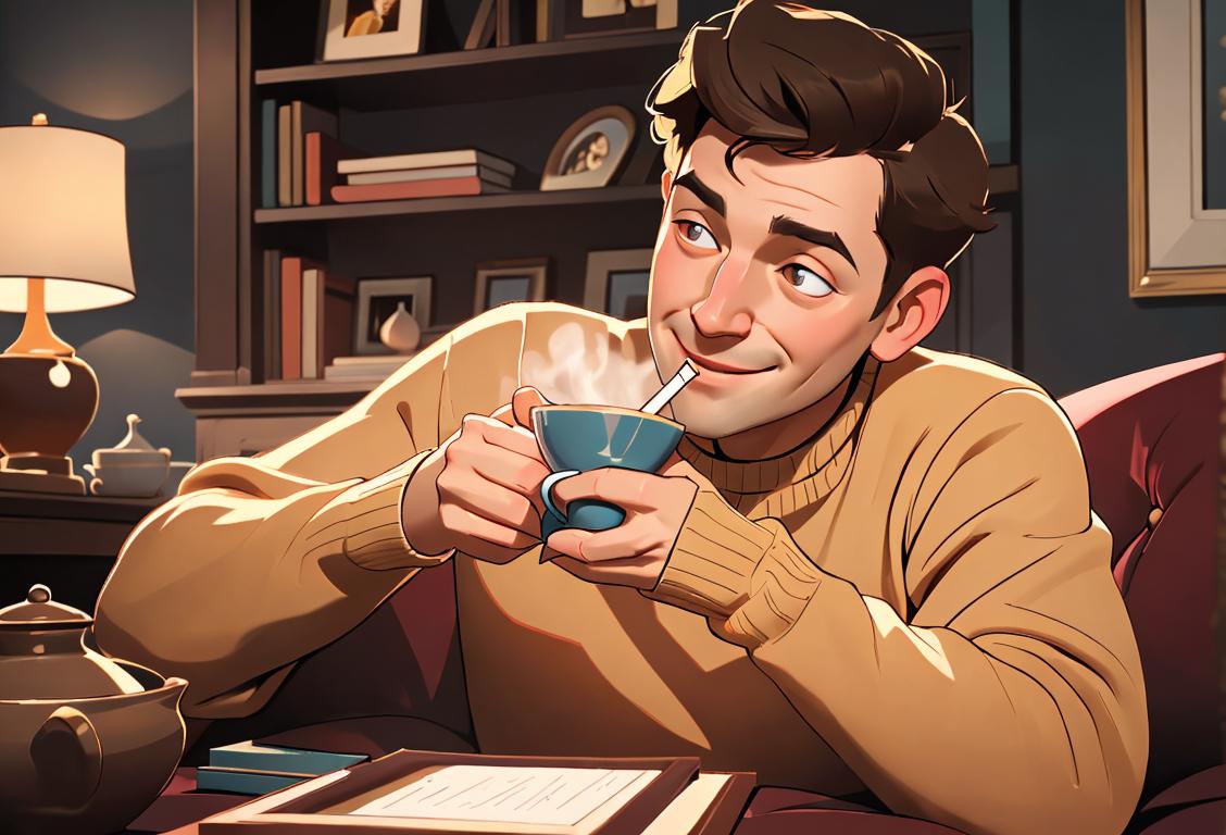 Happy man named Ben drinking a warm cup of tea, wearing a cozy sweater, surrounded by books in a comfortable living room..