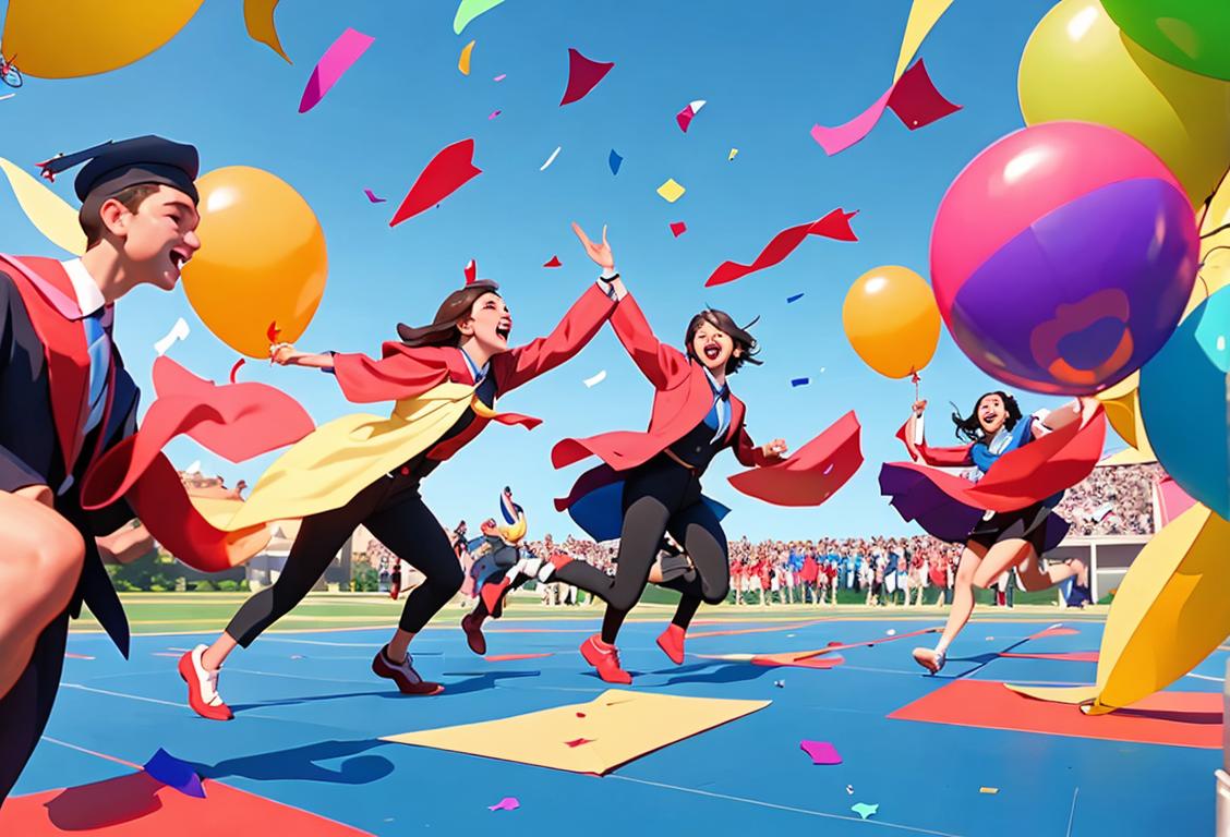 Group of graduates throwing their caps in the air, dressed in vibrant colors, outdoor celebratory setting..