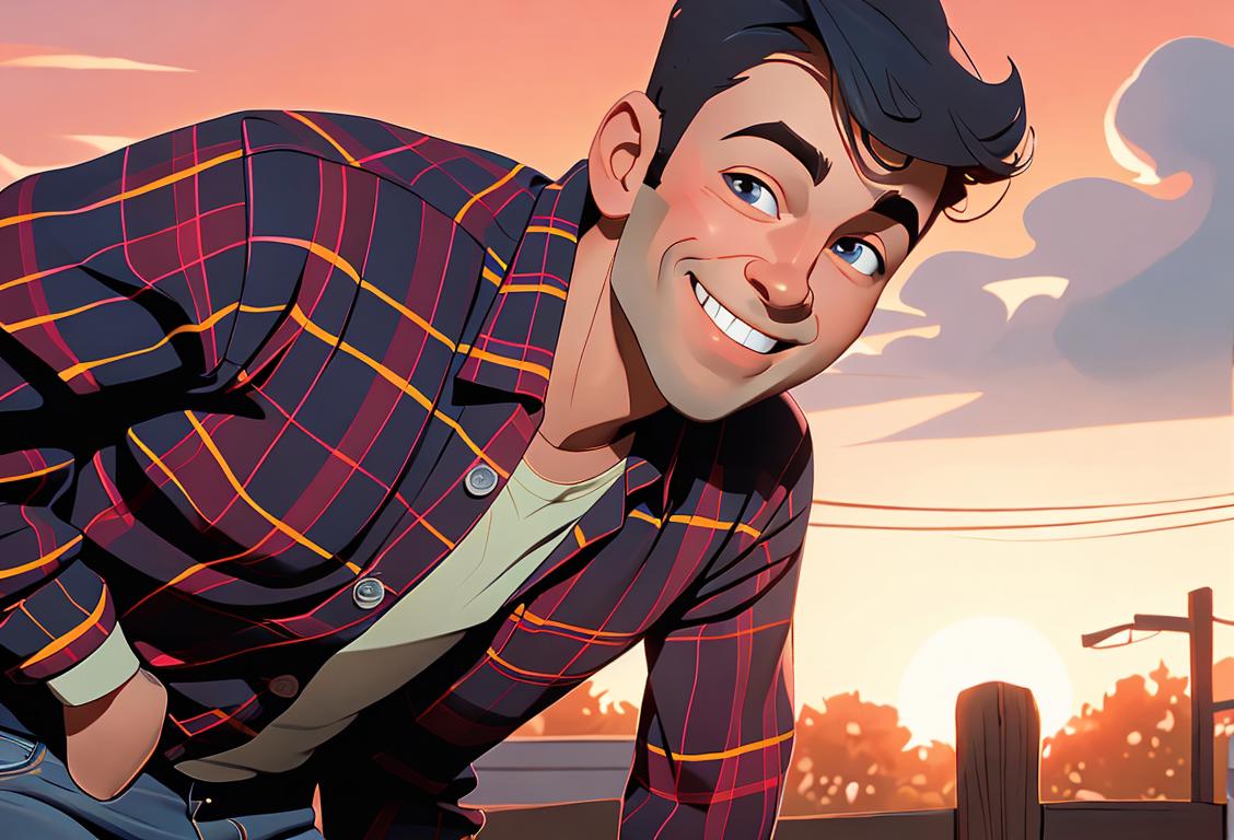 An image of a man named Neil with a friendly smile and a wave, standing in a suburban neighborhood. He is wearing a casual outfit with a plaid shirt and jeans, giving off a wholesome and approachable vibe. In the background, there is a sunset casting a warm glow on the houses. Surrounding Neil are iconic symbols and references to famous Neils, such as a guitar representing Neil Young, a book symbolizing Neil Gaiman, a moon illustration signifying Neil Armstrong, and a microphone symbolizing Neil Diamond. The image captures the essence of National Neil Day, celebrating both everyday Neils and the remarkable contributions of famous Neils in a heartfelt and joyful manner..