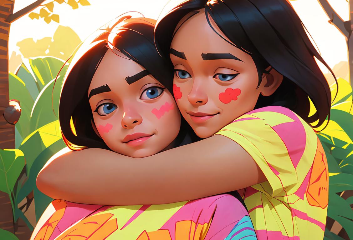 Two people, one wearing a colorful tribal patterned shirt, giving a warm and meaningful hug in a sunlit natural setting..