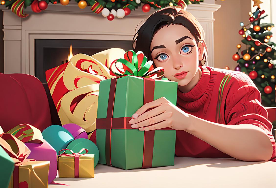 A person expertly wrapping a gift while wearing a colorful holiday sweater, surrounded by festive decorations and a cozy living room..