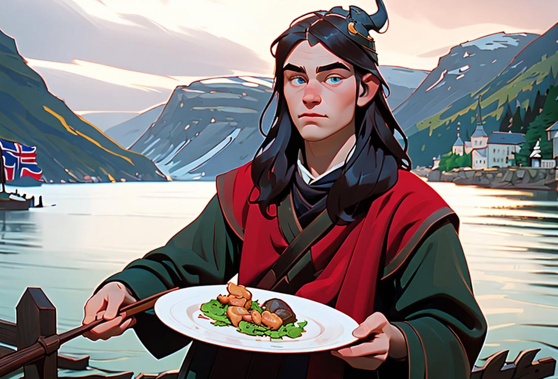 Young man wearing a Viking helmet, holding a plate of lutefisk, surrounded by Norwegian flags, fjords, and a stave church in the background..
