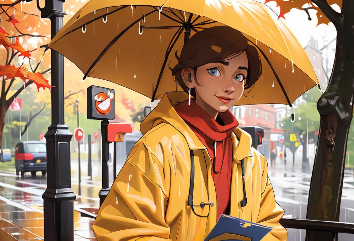 Happy postal worker delivering mail in the rain, wearing a yellow raincoat, surrounded by autumn leaves..