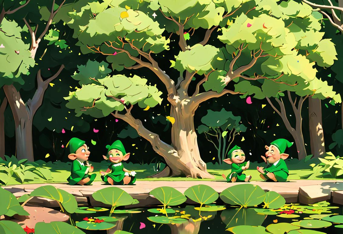 Emerald green leaves cascading down a tree in a serene park, with people wearing green attire, enjoying a picnic under the shade. A couple of garden gnomes are playfully sprinkling green confetti in the air near a small pond, while a group of children happily bakes green cupcakes in the background..