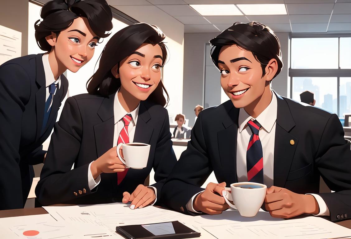 A smiling supervisor in business attire, holding a cup of coffee, surrounded by a group of happy and productive employees in a modern office setting. The supervisor is wearing a stylish tie and the employees are dressed professionally. The scene is filled with productivity and positive energy..
