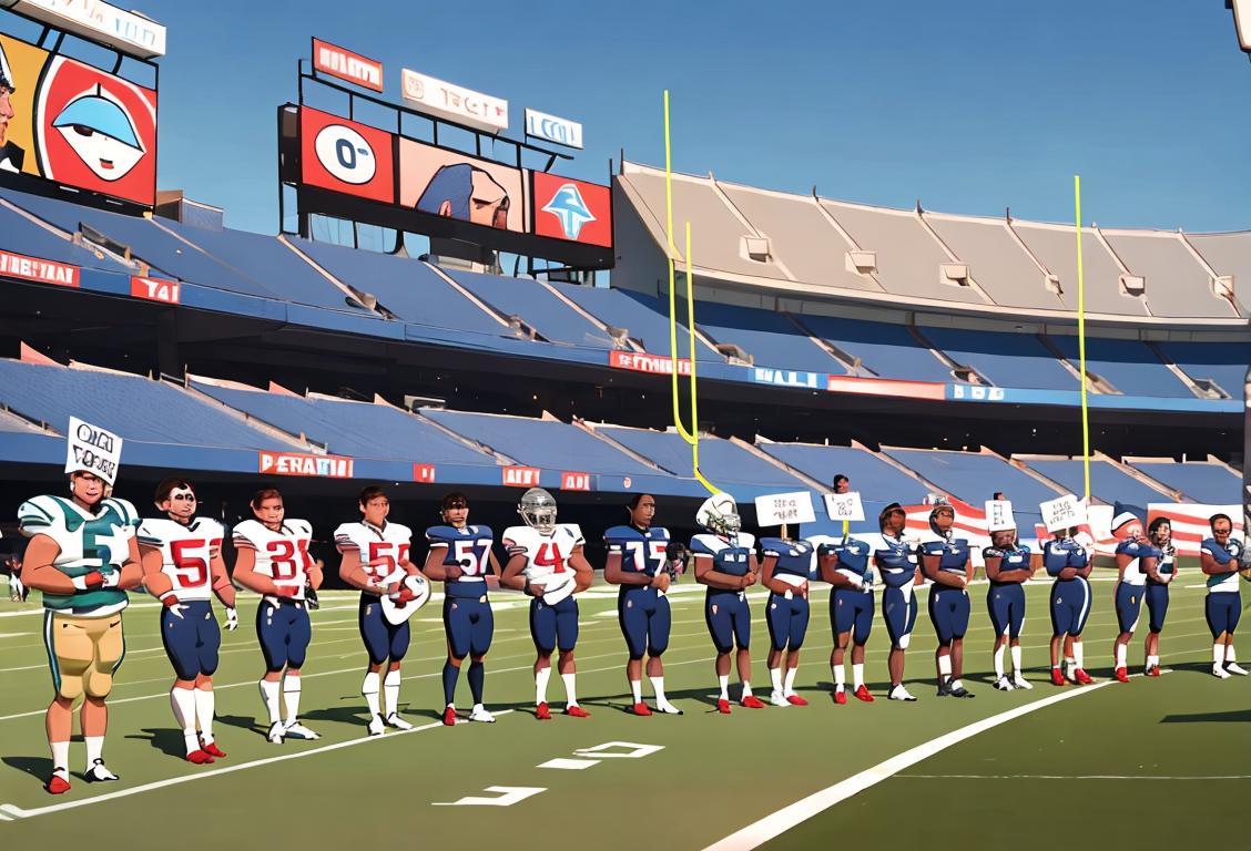 A diverse group of football fans holding picket signs, wearing NFL team jerseys, in a lively outdoor stadium setting..