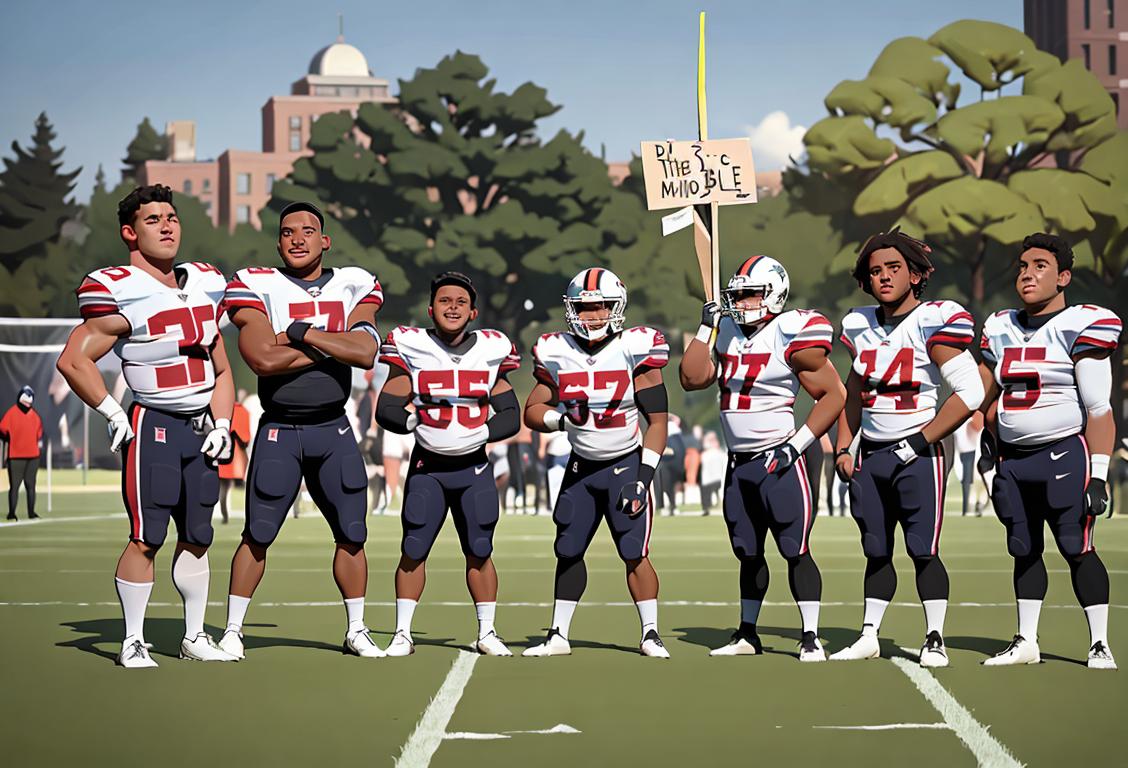 A diverse group of friends smiling and holding signs, wearing football gear, outdoors in a park setting, showing unity on National Boycott the NFL Day..