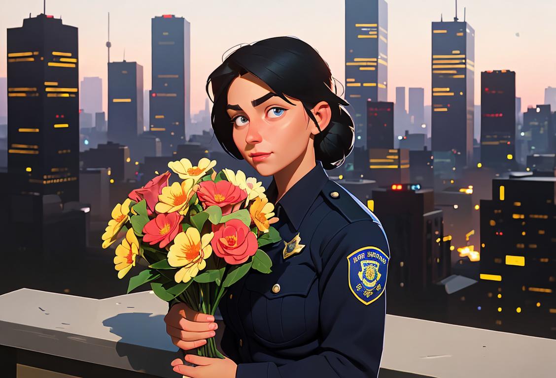 Young police officer receiving a bouquet of flowers, wearing their uniform with pride, urban cityscape background..