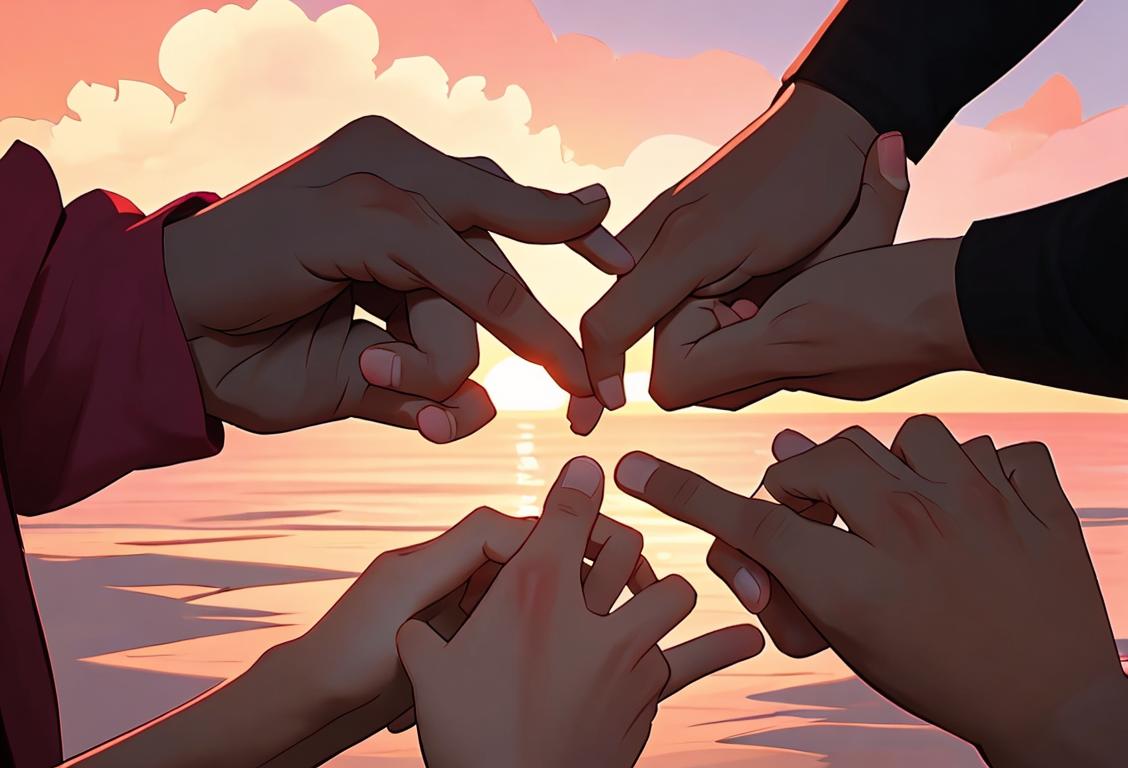 Group of diverse individuals holding hands, symbolizing unity and compassion, with a background of a beautiful sunset..