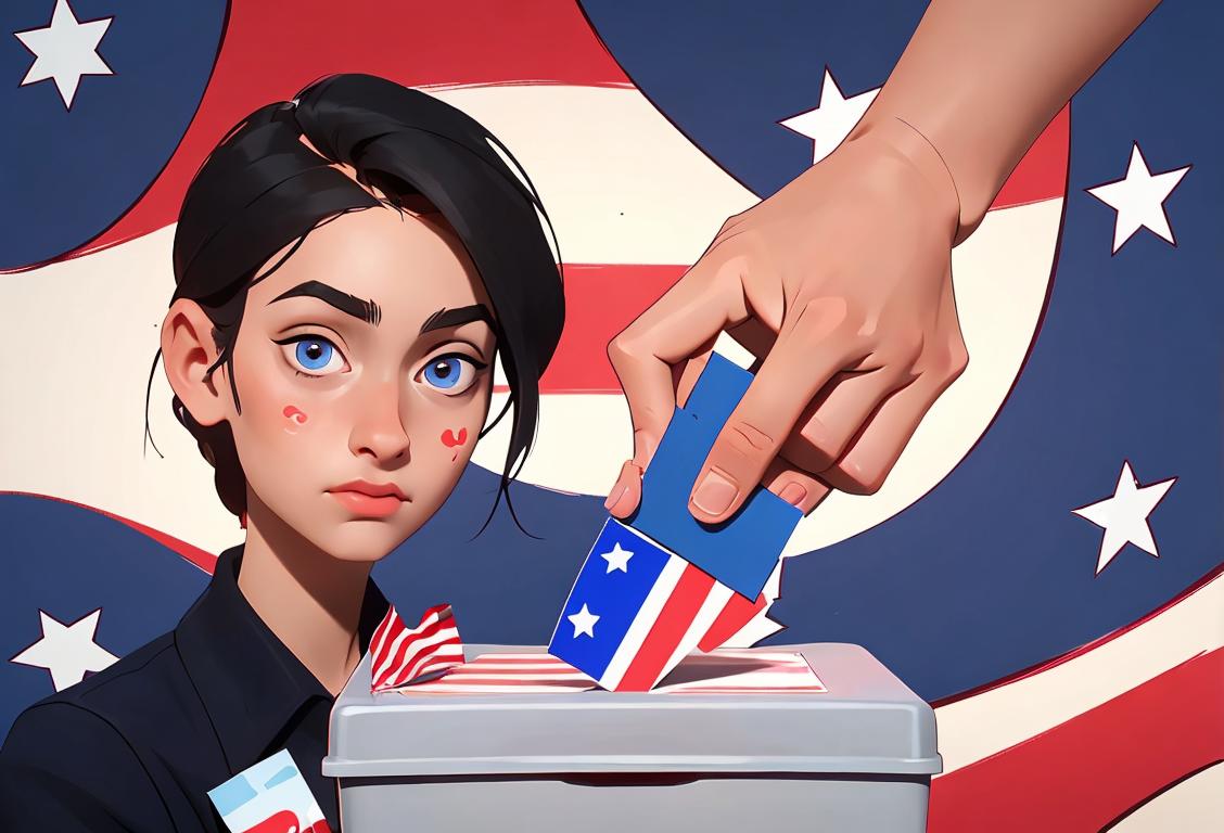 Young adult proudly displaying their 'I Voted' sticker, wearing patriotic colors, busy voting booth in the background..