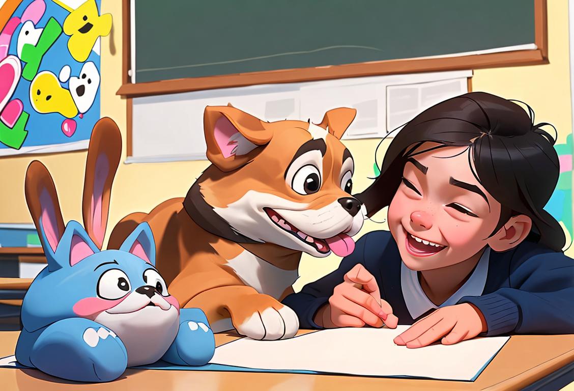 A heartwarming image of a school classroom filled with eager students, colorful decorations, and a friendly teacher. In the center, a happy child is seen gently patting a fluffy dog, while classmates look on with joy and excitement. The dog is wearing a cute little school uniform, complete with a backpack and glasses, ready for a day of learning and fun. The classroom walls are adorned with educational posters and cheerful artwork. Outside the window, a sunny playground filled with laughter and activities can be seen. The scene captures the essence of National Bring Your Dog to School Day, showcasing the bond between children, education, and our furry friends in a safe and wholesome environment..