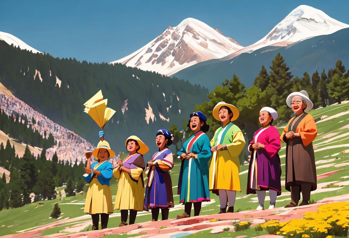 A diverse group of people of different ages and ethnicities, dressed in vibrant and stylish clothing, standing on mountaintops and cheering with excitement..
