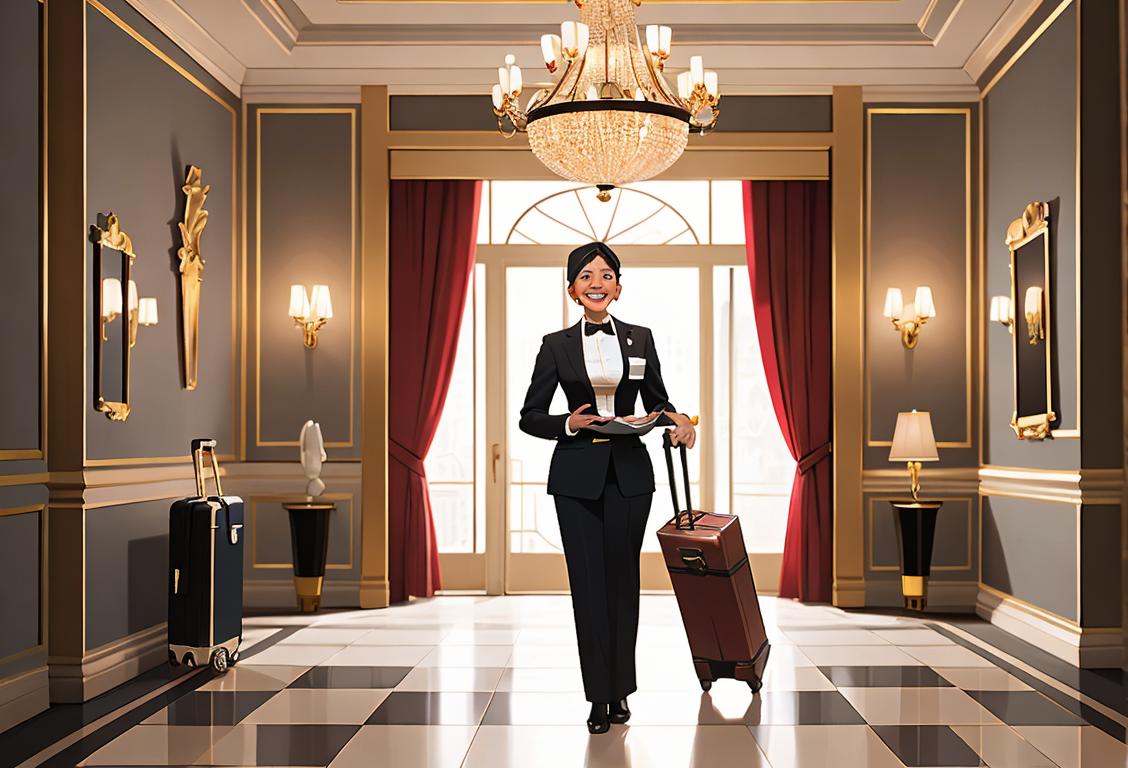 Cheerful hotel concierge wearing a smart uniform, assisting guests with luggage, luxury hotel lobby with stunning chandeliers..