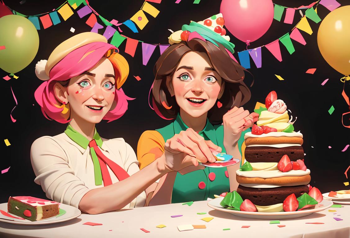 Slice of cake with layers of different flavors and decorative frosting, surrounded by colorful confetti. People of different ages and styles, wearing celebratory hats, enjoying the cake together in a festive party atmosphere..