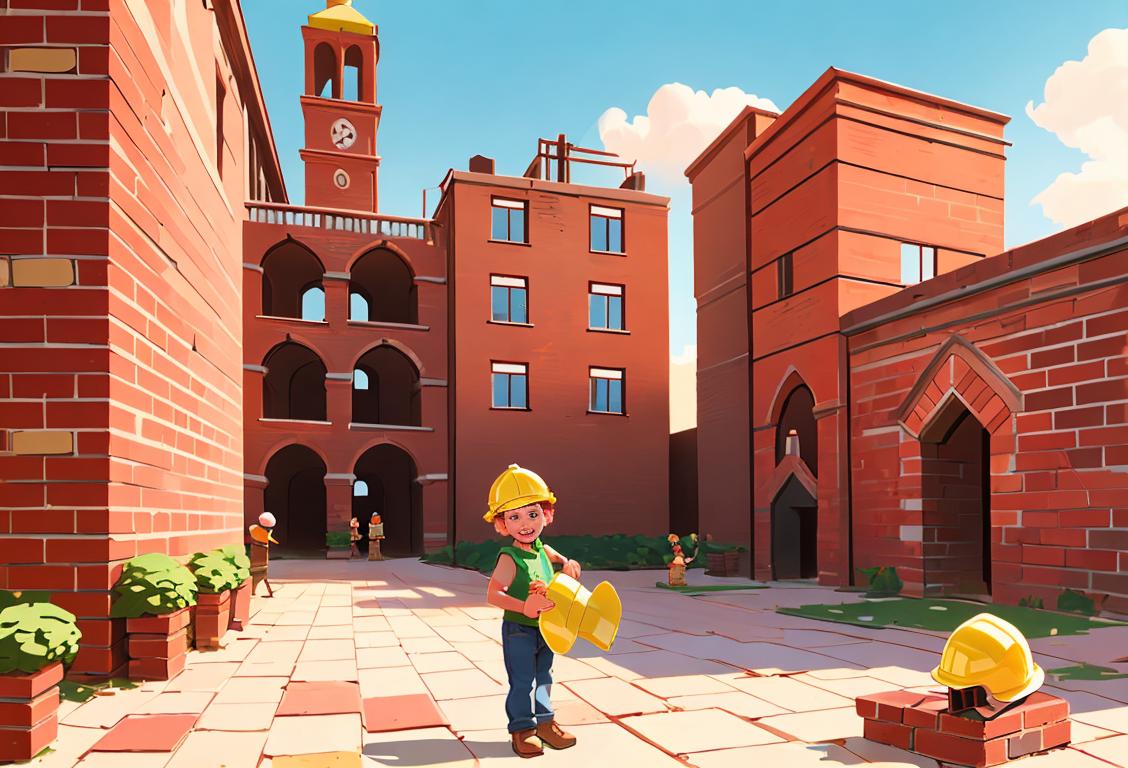 Cheerful child building a brick tower, wearing a hard hat, construction site setting, surrounded by colorful bricks..