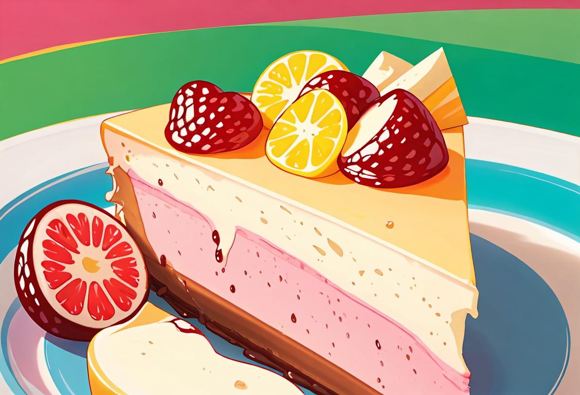 A joyful person enjoying a slice of cheesecake, wearing a summery outfit, surrounded by a colorful dessert table..