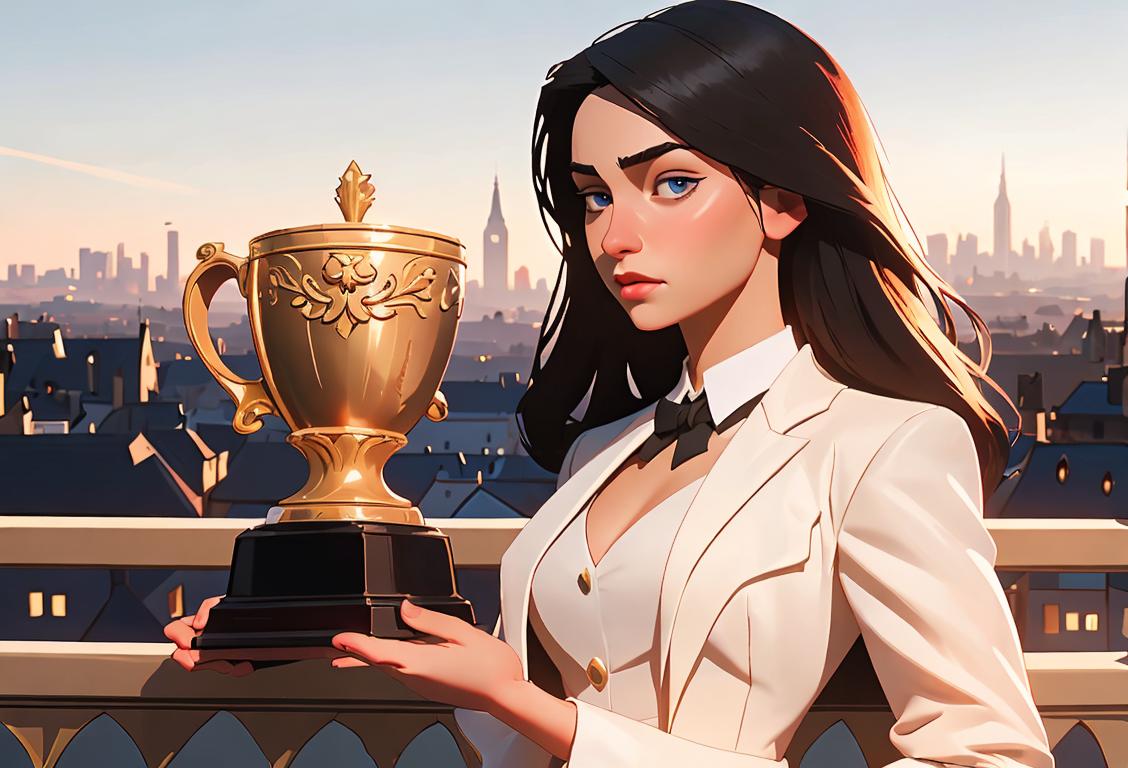 Young woman holding a trophy, dressed in formal attire, with a backdrop of a majestic city skyline..