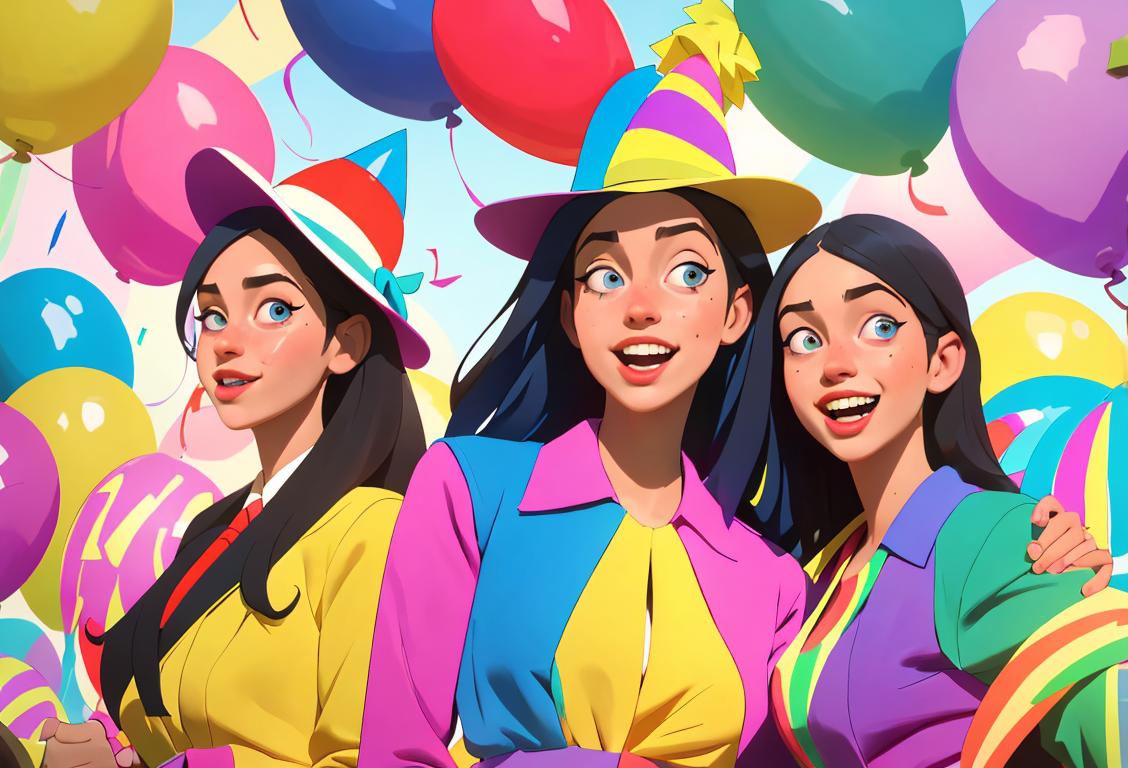 A group of cheerful individuals named Megan, celebrating National Megan Day with vibrant party hats and colorful streamers. Their outfits reflect a mix of modern and timeless fashion, showcasing the diversity of styles throughout history. The background captures a festive atmosphere filled with balloons and confetti, creating a joyful scene of celebration..