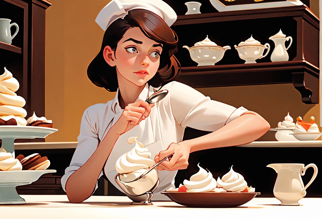 Young woman holding a bowl of whipped cream, wearing a chef's hat, vintage kitchen setting, surrounded by various desserts..