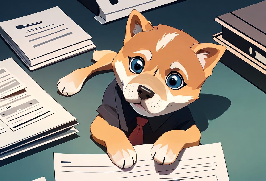 A professional office space with a cute doge sitting next to a desk, wearing a small tie, surrounded by paperwork and a computer..