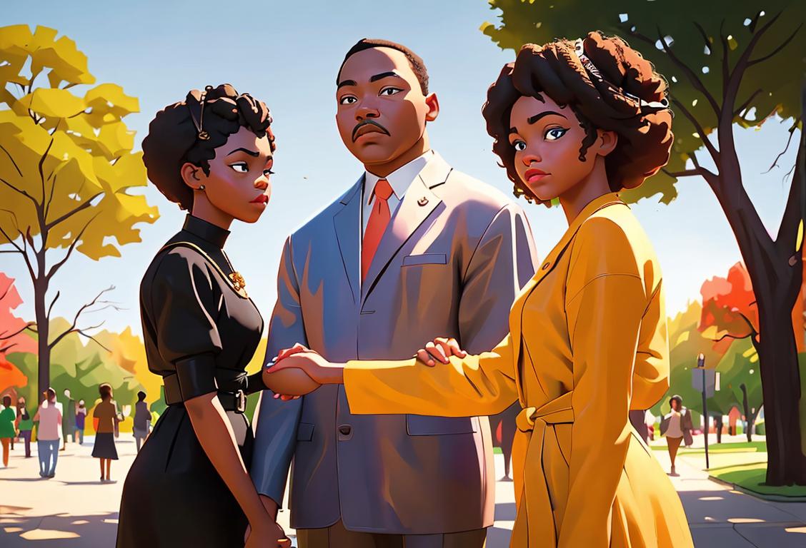 A diverse group of people holding hands, wearing colorful clothing, in front of the National African American Museum, with a peaceful park scene in the background..