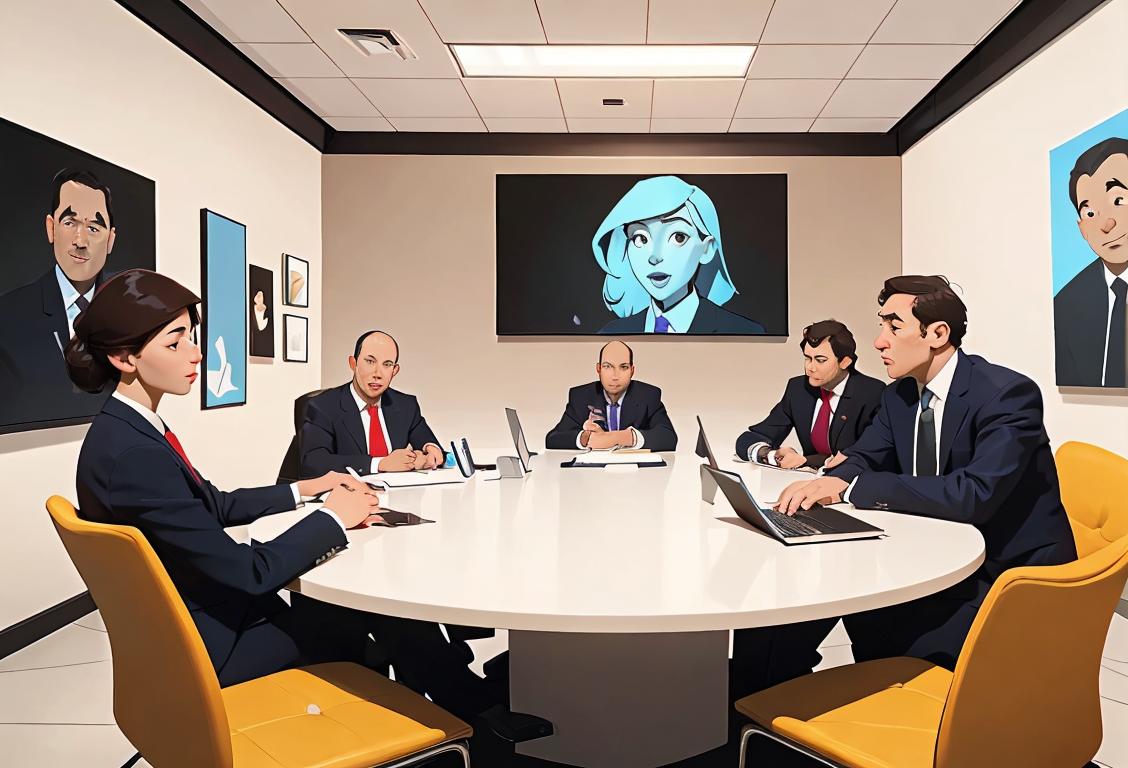 Diverse group of professionals in power suits preparing for a meeting, with modern office setting, laptops, and a conference table..