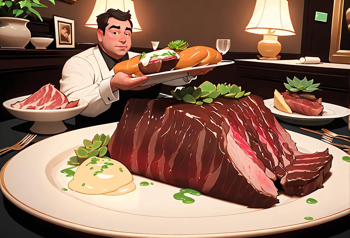 Person enjoying a succulent prime rib, dressed in elegant attire, fancy restaurant setting, mouth-watering food presentation..