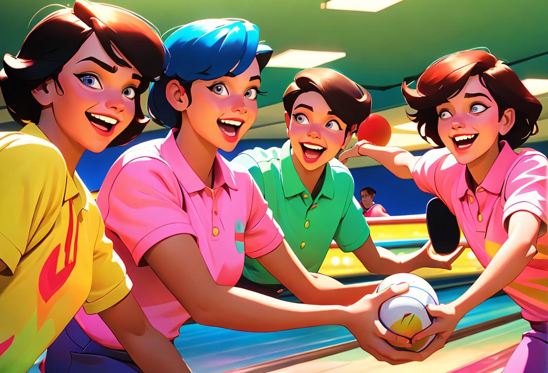 A group of friends wearing bright and colorful bowling shirts, laughing and having a great time in a vibrant, retro-themed bowling alley..