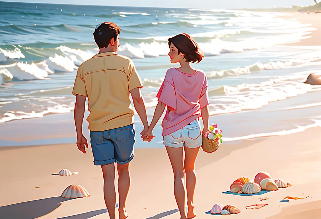 Happy couple holding hands, walking on a sunlit beach, wearing casual summer outfits, surrounded by seashells and a picnic blanket..