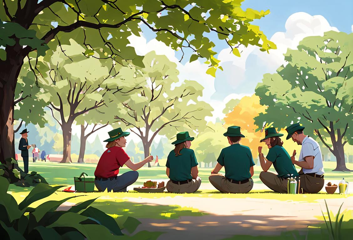 A group of veterans wearing matching shirts and hats, surrounded by lush greenery, enjoying a picnic at a national park..