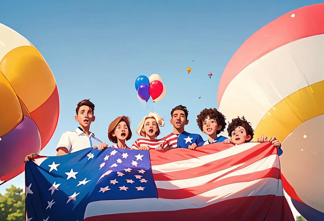 Group of diverse people holding a large American flag, wearing patriotic clothing, celebrating National Anthem Day at a park filled with picnic blankets and balloons..