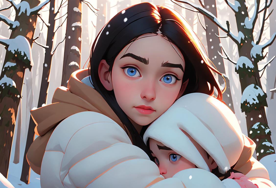 Young person giving a heartfelt hug, wearing cozy winter attire, snowy forest backdrop with glowing lights..