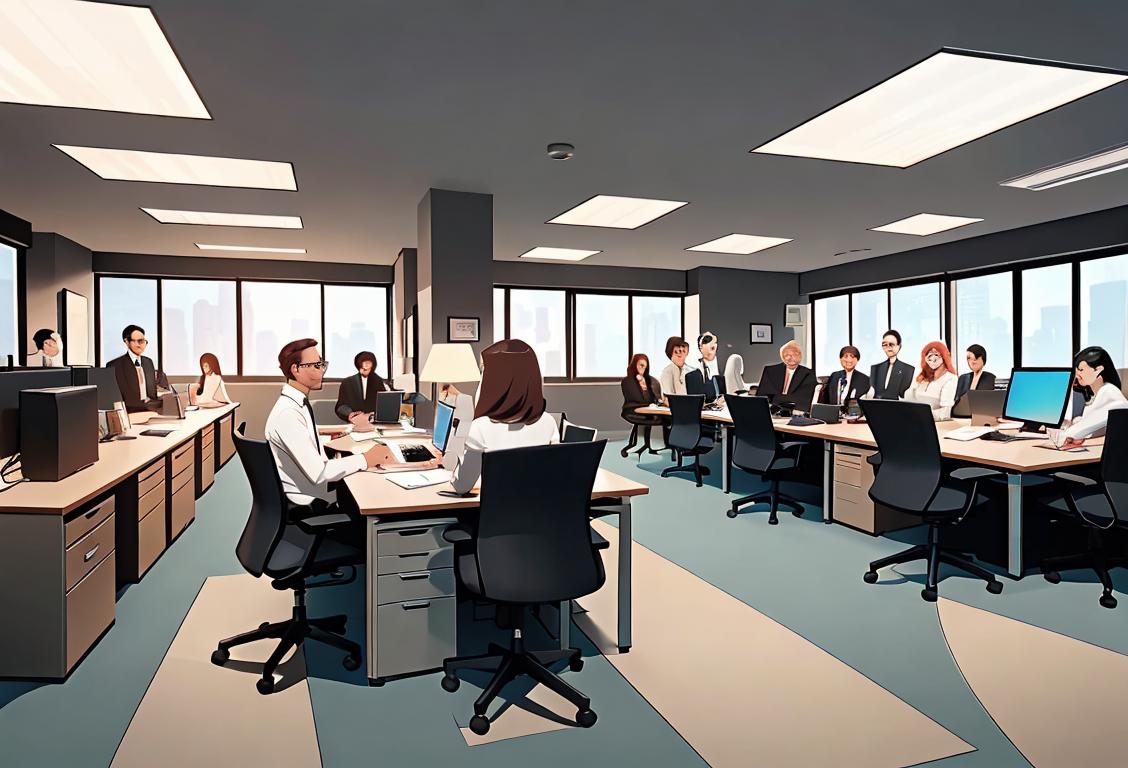 A diverse group of people wearing professional attire, busy in an office setting, with modern technology and an atmosphere of collaboration..