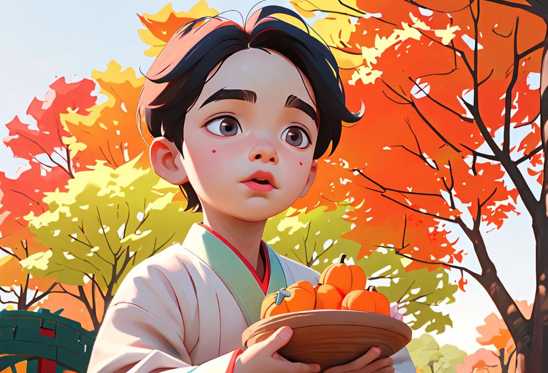 Young child playing haknyeon with their friends in a park, wearing colorful traditional Korean clothing, vibrant autumn scene..