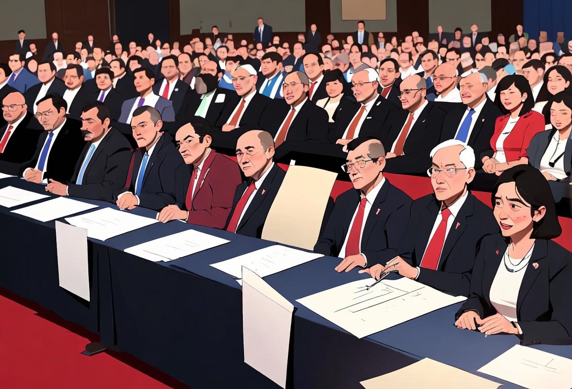 A diverse group of people dressed in professional attire, holding microphones and exchanging ideas at a conference on National Elections Day..