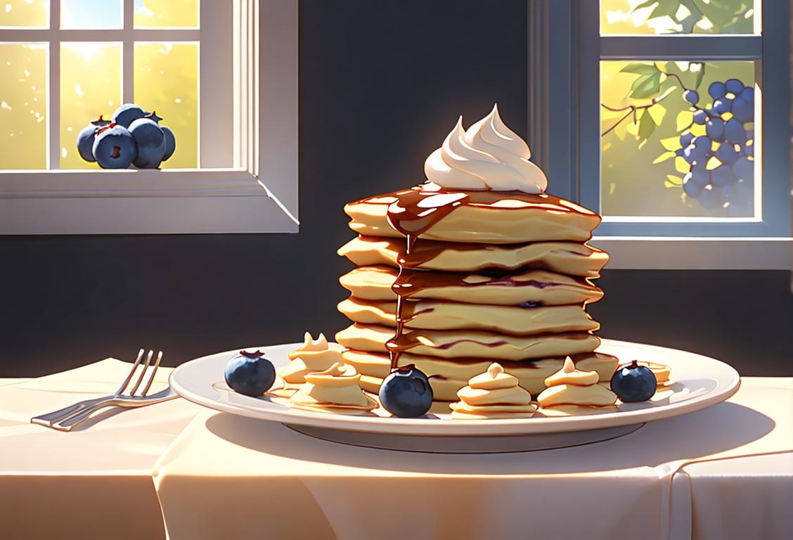 A plate of fluffy blueberry pancakes topped with a dollop of whipped cream, syrup cascading down. A cozy kitchen with sunlight streaming through the window..
