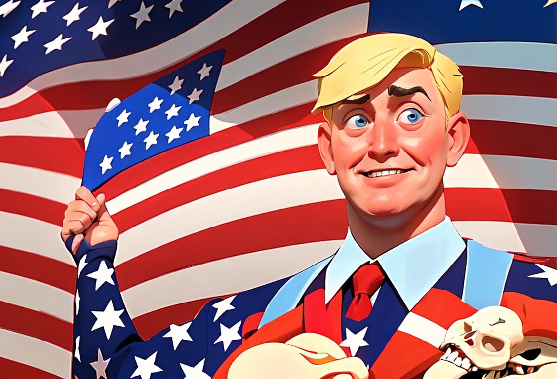 A cheerful individual with a patriotic outfit, holding an American flag, in a parade-like setting with festivities and colorful decorations..