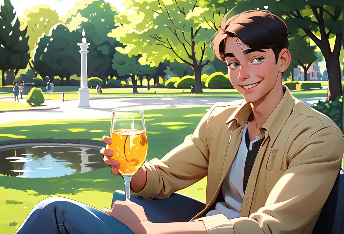 Young man, wearing comfortable clothing, in a peaceful park setting, with a smile on his face and holding a full glass of water..