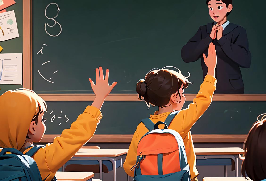 Young students enthusiastically raising their hands in a classroom, wearing backpacks and colorful clothes, with a blackboard covered in educational illustrations in the background..