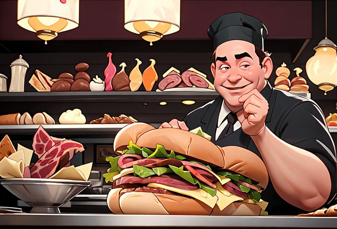 Delighted man wearing a chef's hat, holding a towering pastrami sandwich, lively deli ambiance with New York-inspired decor..