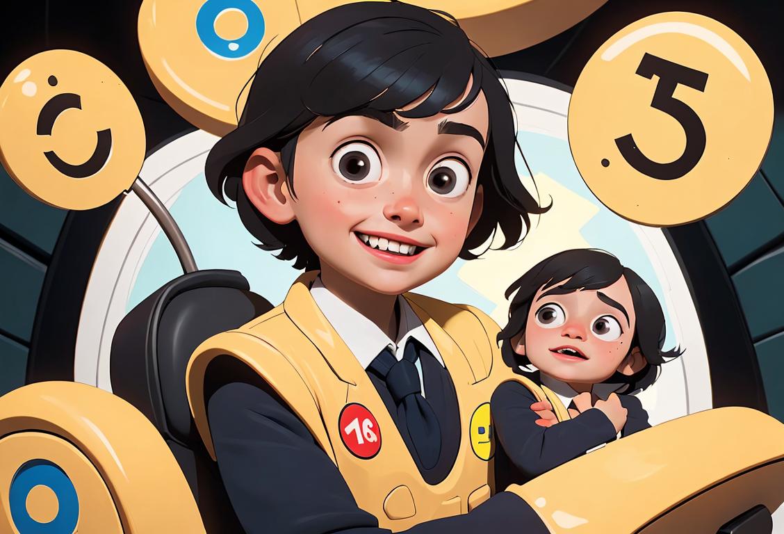 Child wearing mini suit, nametag, exploring workplace with wide-eyed wonder, surrounded by smiling adults in professional attire.