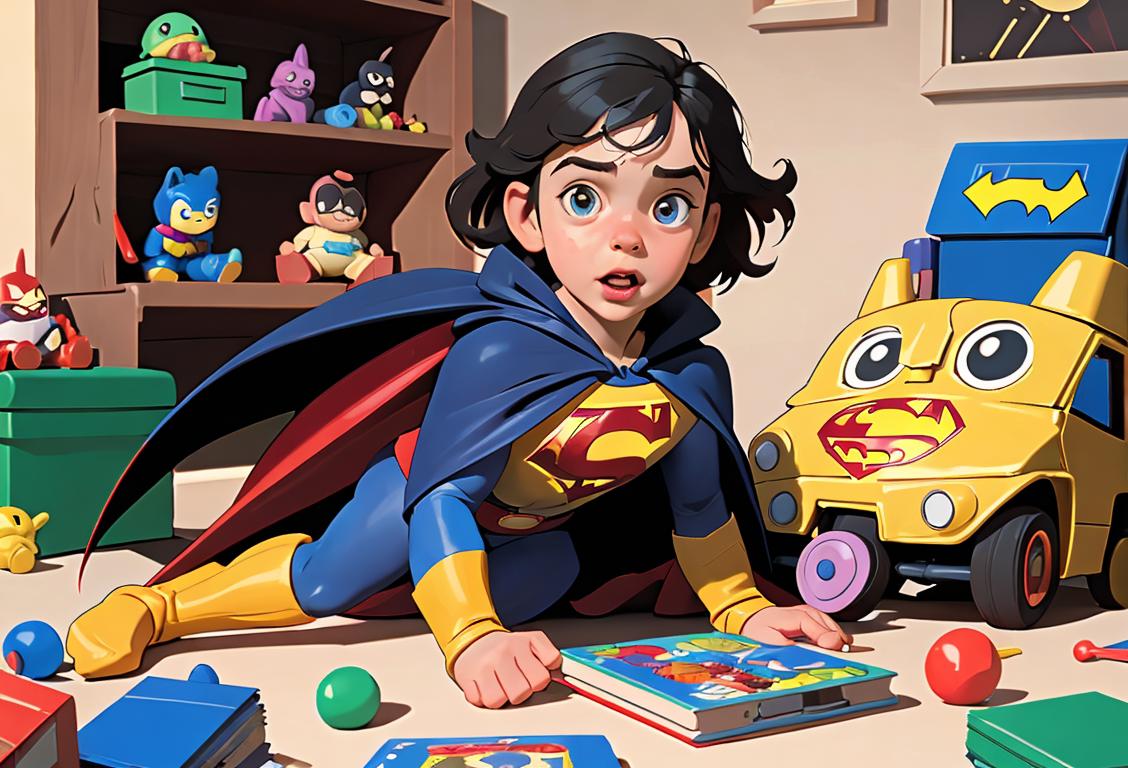 A playful child holding a battery, wearing a superhero cape, surrounded by a room filled with toys and books..