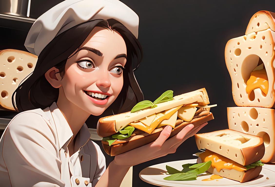 Young woman joyfully biting into a cheese-filled sandwich, wearing a chef hat, whimsical kitchen setting with cheese-themed decorations..