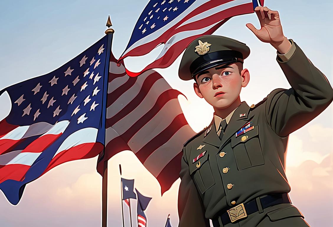 Young boy waving an American flag, dressed in a patriotic outfit, surrounded by soldiers in military uniforms and an American flag backdrop..