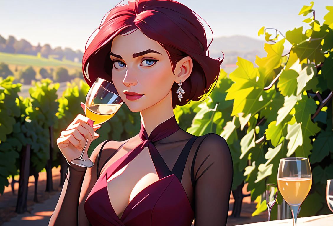 Elegant woman holding a glass of cabernet sauvignon, wearing a chic dress, French vineyard in the background..